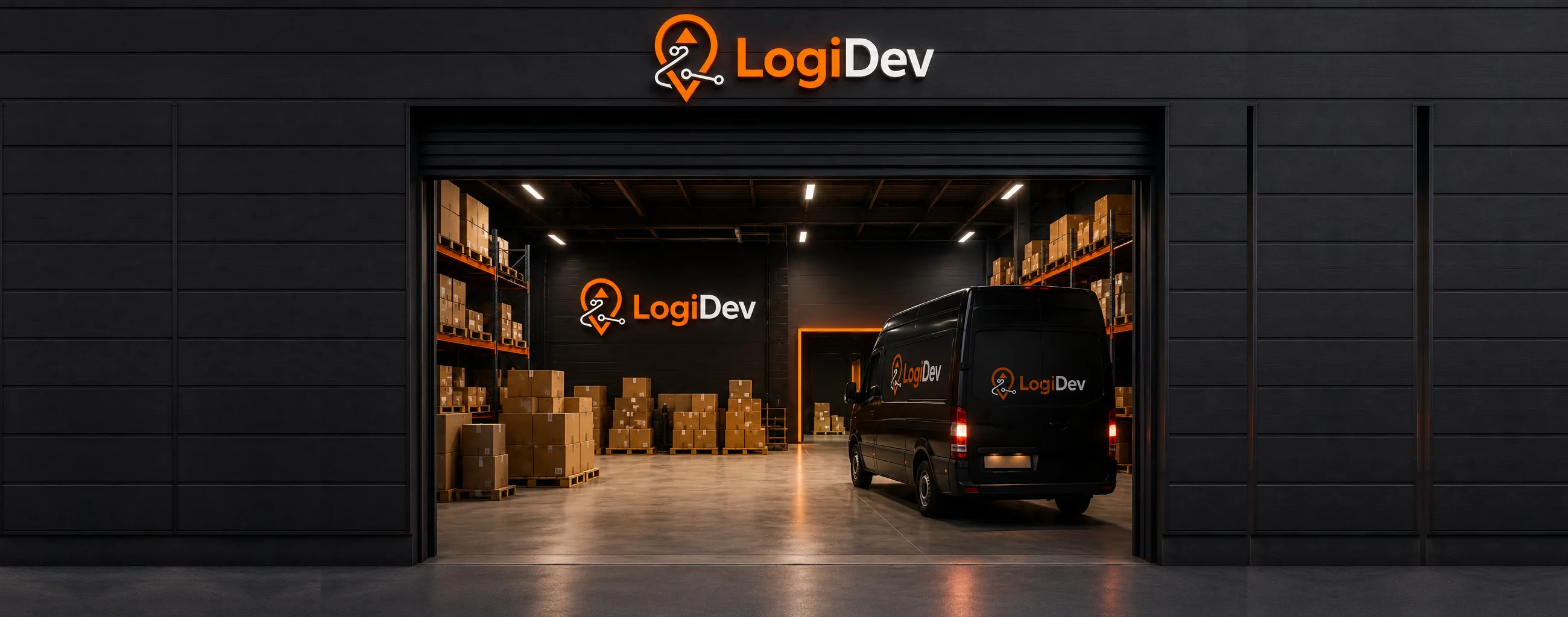 Magazzino LogiDev con furgone e merce pronta alla consegna